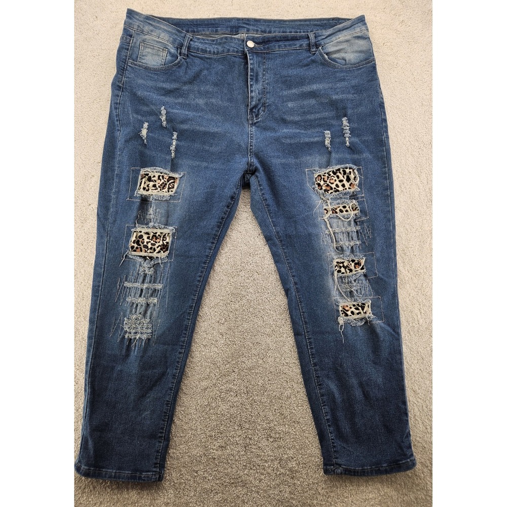 Unbranded Distressed Leopard Patch Ripped straight Jeans Plus Actual 44x26